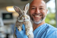 Smiling mature veterinarian in blue scrubs holding large grey rabbit during medical examination. Professional pet care and animal health checkup in modern clinic setting.