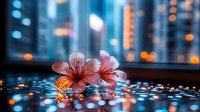 Pink hibiscus flowers on reflective surface with blurred city lights bokeh background creating romantic urban nighttime atmosphere for wellness concepts.