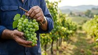 Farmer holding fresh green grapes in vineyard during harvest season, showcasing agricultural produce for wine production and farming industry.