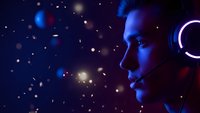 Young woman with headphones in profile against cosmic starry background with blue and purple neon lighting effects for gaming and music content.