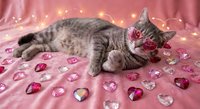 Adorable tabby cat lying on pink fabric surrounded by heart-shaped gems and fairy lights, creating romantic Valentine's Day atmosphere for pet lovers.