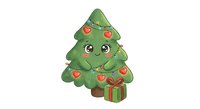Cute kawaii Christmas tree character with heart ornaments and gift box isolated on white background for holiday designs and festive decorations.