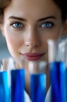 Close up portrait of young female scientist with striking blue eyes behind laboratory test tubes filled with blue liquid, wearing white coat in research lab.