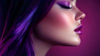 Asian woman with purple hair and bright pink lipstick in profile view against dark purple background showing glamorous makeup and closed eyes for beauty and fashion advertising.