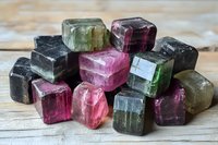 Raw tourmaline crystal cubes in pink, green and black colors arranged on wooden surface, showing natural mineral formation and gemstone rough texture.