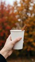 Hand holding steaming white paper cup with cinnamon stick against blurred autumn foliage background. Seasonal beverage concept for fall marketing and advertising.