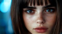 Young woman with freckles, bangs, and striking blue eyes against blurred blue background, showcasing natural beauty in portrait photography.