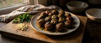 Homemade meatballs served on rustic plate with fresh herbs and pine nuts on wooden cutting board in warm kitchen setting for cooking and dining content.