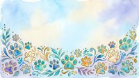 Watercolor paw prints and botanical elements in soft pastel colors create a whimsical border design. Isolated on white background, ready for pet-related projects, greeting cards, and fabric designs.