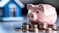 Pink piggy bank with stacked coins for home savings and mortgage planning concept on blurred house background for financial security and investment goals.