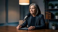 Professional mature Caucasian businesswoman with gray hair speaking into microphone at desk in modern office setting for podcast or interview recording.