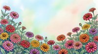 Watercolor zinnia garden border with colorful blooms in pink, orange, yellow and purple on a soft pastel background with copy space.
