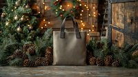 Elegant brown leather handbag surrounded by festive pine branches and pinecones with warm Christmas lights creating cozy holiday shopping atmosphere.