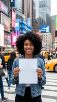 Young African American woman smiling and holding blank white sign in busy urban square, copy space for custom message or advertisement.