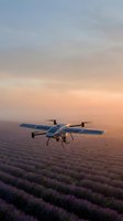 Autonomous agricultural drone flying over blooming lavender field at sunset, equipped with solar panels for crop monitoring and precision farming applications.