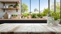 Modern kitchen with wooden table in foreground, open shelving, and large windows overlooking garden, creating bright, airy cooking space.