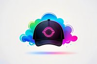 Black baseball cap with glowing neon pink emblem floating against colorful gradient smoke clouds background. Modern streetwear design element on light backdrop.