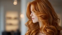 Young Caucasian woman with long wavy red hair in profile view against blurred modern interior background with warm lighting for lifestyle content.