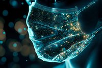 Glowing protective face mask with sparkles and bokeh effects against dark background creates futuristic medical concept for healthcare innovation.
