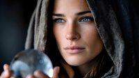 Young Caucasian woman fortune teller with piercing blue eyes holding crystal ball in mystical hooded robe for divination and spiritual guidance sessions.