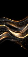 Glowing golden waves with sparkling particles flow against black background creating magical atmosphere for luxury designs and festive backgrounds.