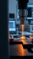 Industrial laser cutting machine in operation with bright orange beam cutting metal sheet in modern manufacturing facility for precision fabrication work.