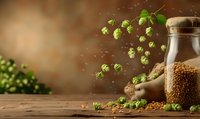 Fresh green hop cones flying over wooden table with glass bottle of dried seeds, brewing ingredients composition on brown background with copy space.