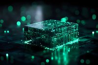 Glowing green microchip with digital light effects on dark background, futuristic technology concept with bokeh and circuit board elements for computing design.