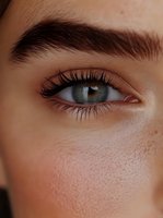 Close-up of green eye with long eyelashes and natural freckles on fair skin, showing detailed texture and natural beauty makeup for cosmetic and beauty industry.