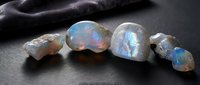 Collection of natural opal gemstones displaying rainbow fire and iridescent colors on dark surface for jewelry making and mineral collecting purposes.