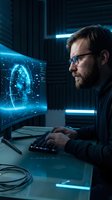 Cybersecurity expert analyzing digital fingerprint data on holographic display in dark tech environment for network protection and identity verification.