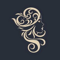 Elegant female profile silhouette with flowing decorative swirls and curls in beige color on dark background, isolated design for beauty and fashion branding.