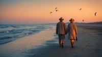 Senior couple walking along sandy beach at sunset with ocean waves and flying seagulls, romantic vacation scene for travel and retirement lifestyle concepts.