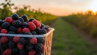 Fresh mixed berries in wicker basket at sunset farm field with golden light and vineyard rows creating warm agricultural harvest scene for healthy eating concepts.