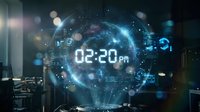 Futuristic holographic digital clock displaying 02:20 PM with glowing blue interface elements and bokeh lights in modern office environment for tech presentations.