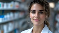 Young female pharmacist with friendly smile wearing white lab coat in pharmacy setting with blurred medicine shelves background. Professional healthcare portrait.