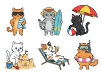 Cute cats enjoying summer vacation activities, isolated on white background. Orange tabby wearing sunglasses, gray kitten with surfboard, black cat with umbrella and beach ball, white cat building sandcastle, orange cat relaxing in beach chair, ginger cat swimming with floatie ring.