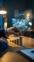Businessman analyzing property value growth chart with holographic display and coin stacks on desk in modern office environment for investment planning.
