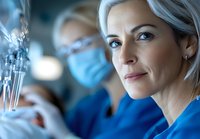 Mature female medical researcher with blonde hair examining test tubes in laboratory setting, colleague wearing surgical mask works in background.