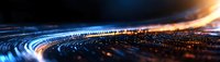 Glowing digital wave with blue and orange light trails flowing across dark background creates futuristic technology landscape panorama for business concepts.