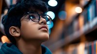 Young Asian boy wearing glasses gazes upward with curiosity in library setting, warm bokeh lights create inspiring atmosphere for education and learning concepts.