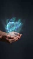 Hands holding glowing holographic liver organ with blue energy effects for medical healthcare and hepatology concepts.