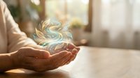 Hands holding glowing swirling light orb with blue and gold energy, representing magic, spirituality, healing power, and mystical wellness concepts for wellness and alternative medicine designs.