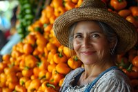 Mature Hispanic woman farmer wearing straw hat smiles warmly at farmers market, standing near fresh orange citrus fruits display, representing local agriculture.