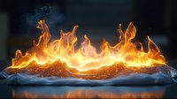 Bright orange flames dance across water surface creating dramatic reflection. Dynamic fire and water elements clash in artistic composition.