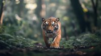 Majestic Bengal tiger walking through lush forest undergrowth with soft bokeh background, showcasing wildlife in natural habitat.