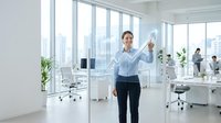 Young professional woman with light skin tone wearing business casual attire in modern office environment, pointing at glass board during presentation with colleagues working at desks and city skyline visible through windows.