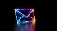 Glowing neon envelope icon with sparkle particles effect on dark background, digital communication concept for email marketing and newsletter design.