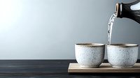 Pouring water into minimalist ceramic cups on wooden board against gray background, demonstrating zen-like simplicity in modern tableware styling.