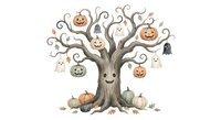 Spooky Halloween tree with carved pumpkins, ghosts and autumn leaves on white background. Festive seasonal decoration for October celebrations.